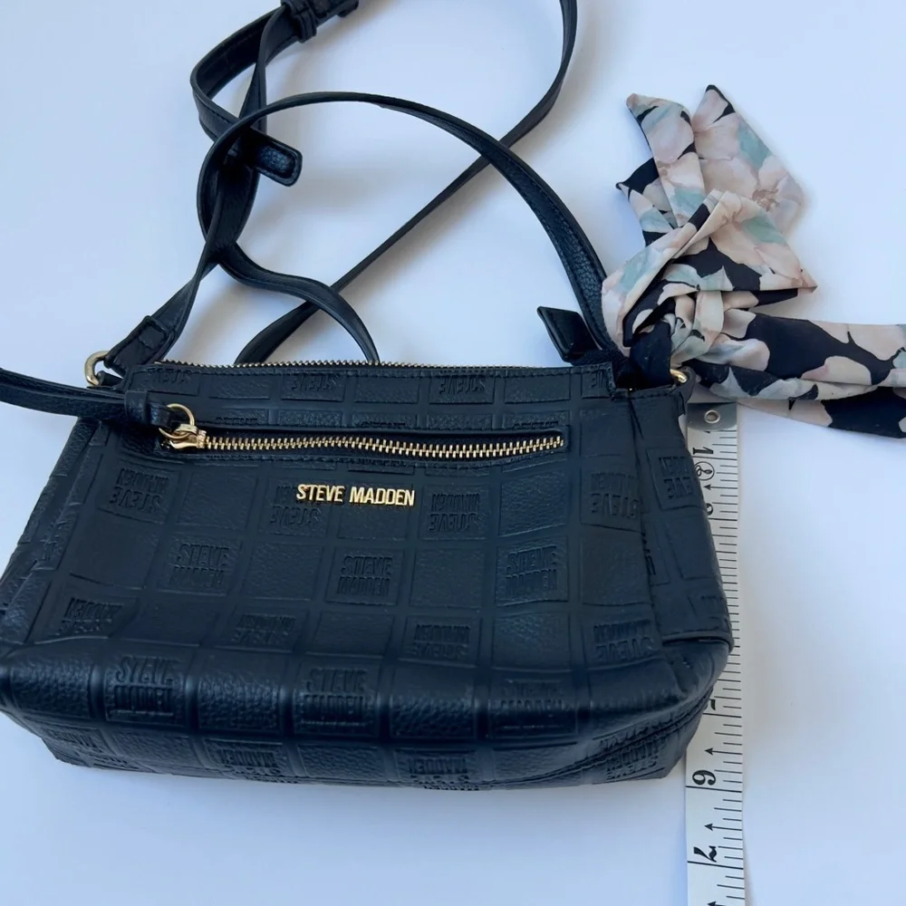 Steve Madden Embossed Black Crossbody Bag with Scarf Accent